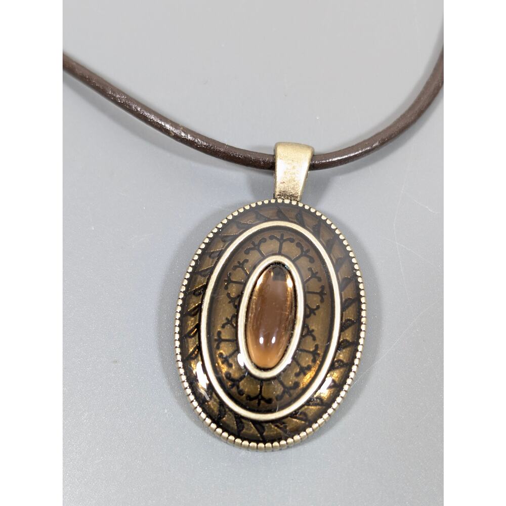 Lia Sophia Brown‎ Enamel Oval Pendant Cord Necklace Boho Western 20" - Picture 3 of 9